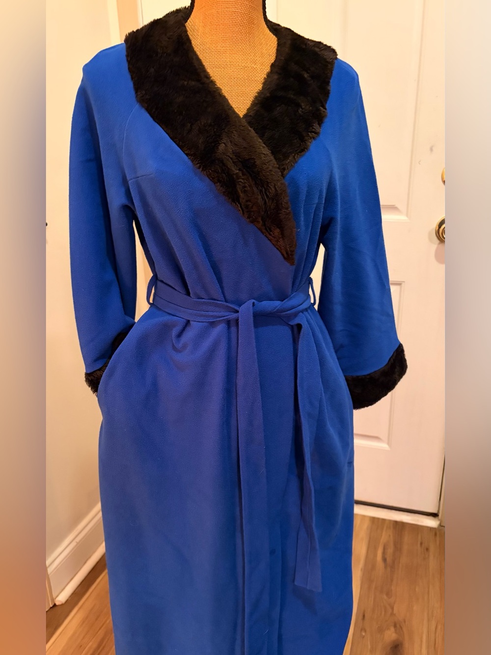 Vintage 70s Shadowline Royal Blue Faux Fur Trim Maxi Robe Medium